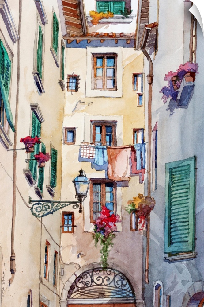 Watercolor painting of an alley way with laundry hanging on a line in Florence, Italy