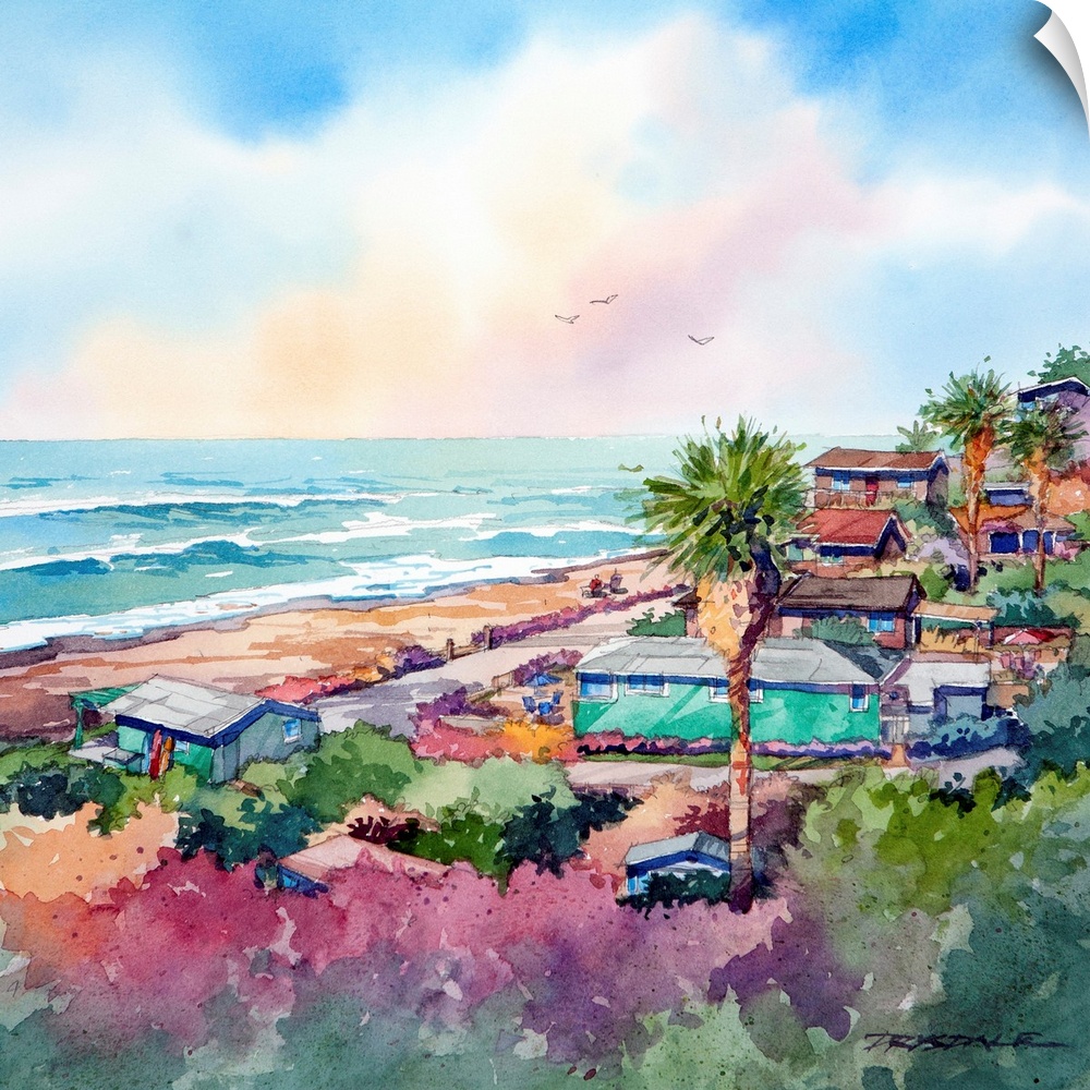 Watercolor of the bungalows at Crystal Cove, Newport Beach, California.