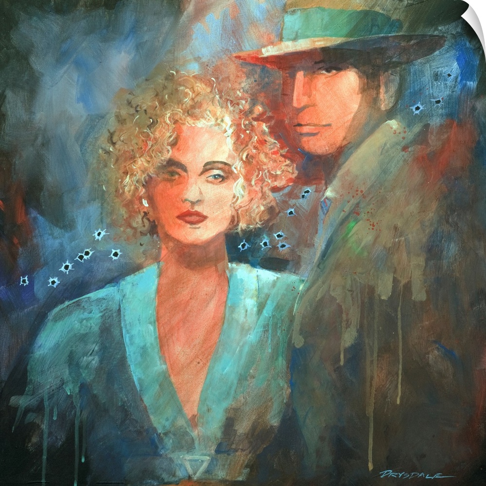 Painted portrait of Bonnie and Clyde with bullet holes painted across the middle.