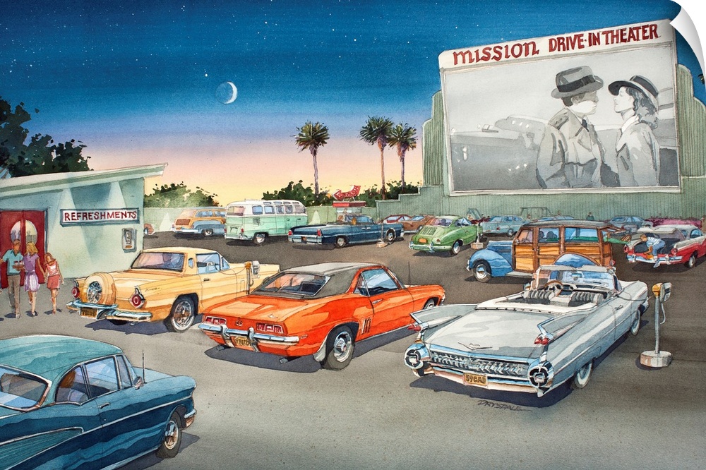 Watercolor of the Mission Drive-In movie theater.