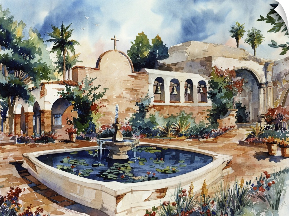 Watercolor painting of the Mission San Juan Capistrano with a fountain and pond in the center.