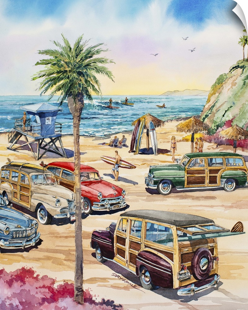 Contemporary watercolor painting of several woodie wagons parked on the beach at Wavecrest in Encinitas, the larges woodie...