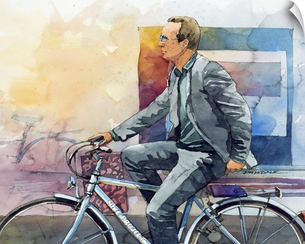 Contemporary watercolor painting of a bicyclist in Lucca, Italy