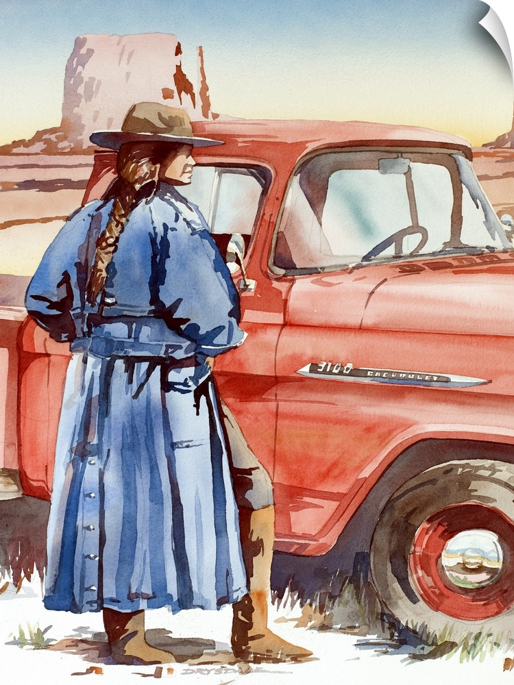 Watercolor painting of a woman wearing a blue trench coat and a cowboy hat standing in front of a red 59 Chevy Truck in Mo...