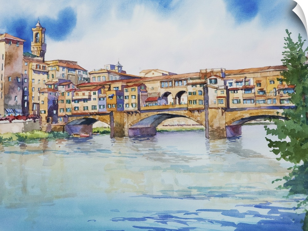 Watercolor painting of the Ponte Vecchio in Florence, Italy.