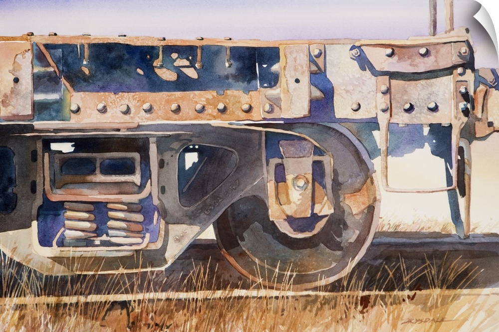 Watercolor of an abandoned railroad car by the historic train depot in Santa Rosa, CA