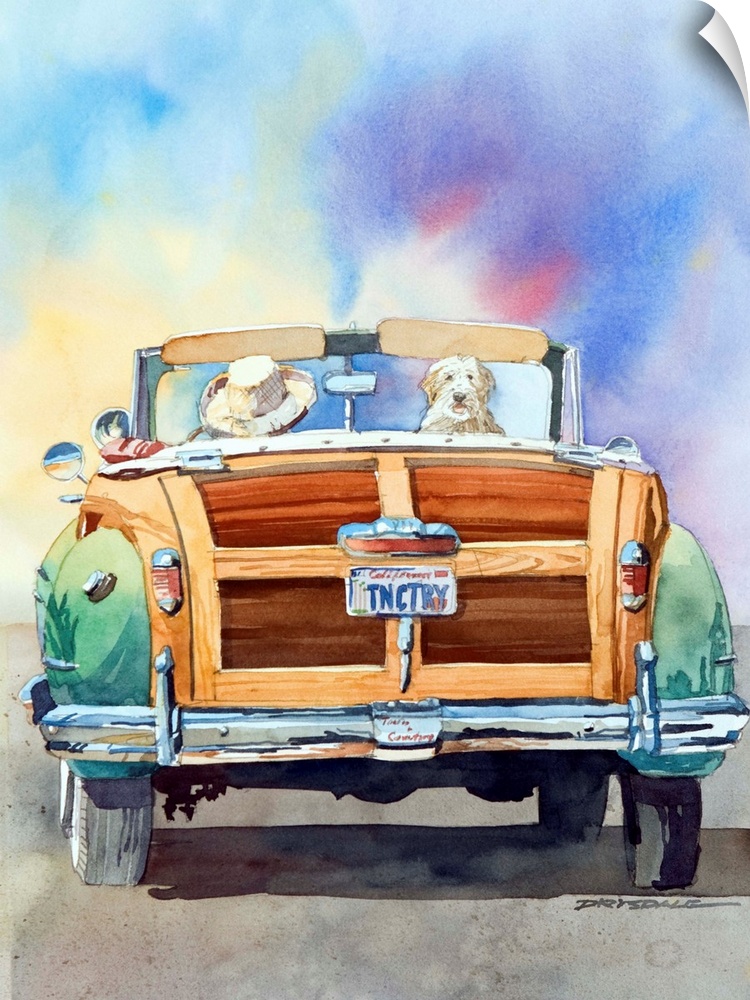 Watercolor of two buddies in a Chrysler Town