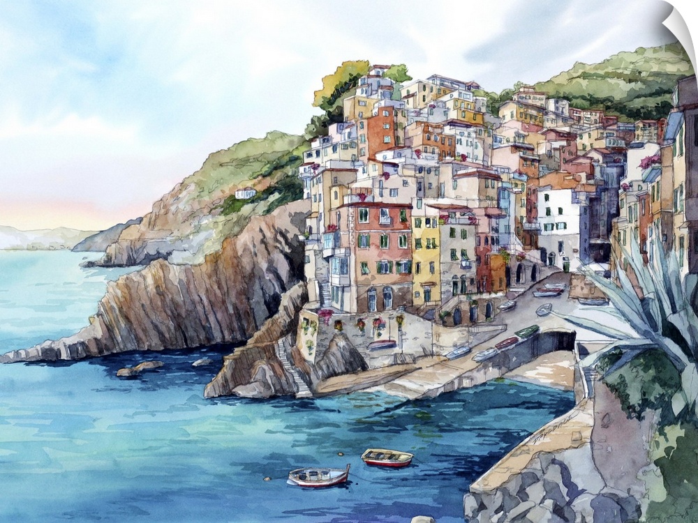 Landscape watercolor painting of Riomaggiore, Cinque Terre, Italy