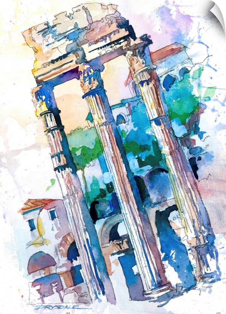 Watercolor painting of the columns in Rome, Italy