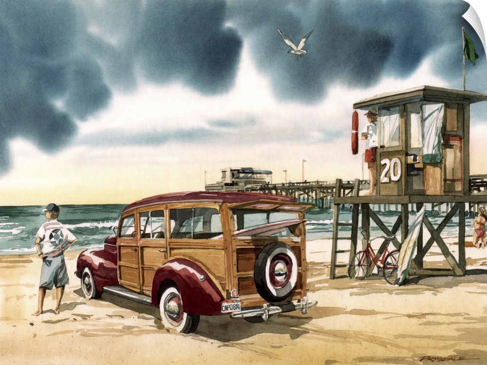 Watercolor painting of an overcast day at Newport Beach, CA with a woodie wagon parked on the beach.