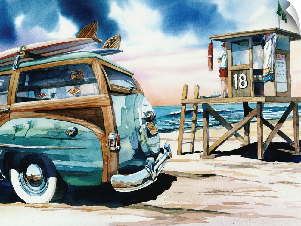 Watercolor of a woodie on the beach in Newport Beach, California.