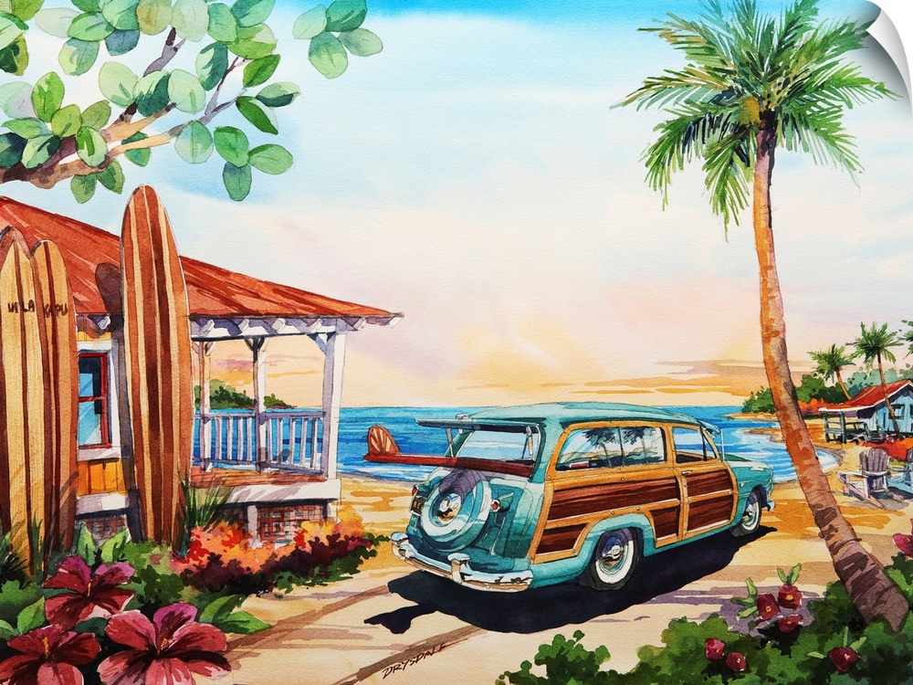 Watercolor of the the ultimate tropical surfer's paradise.