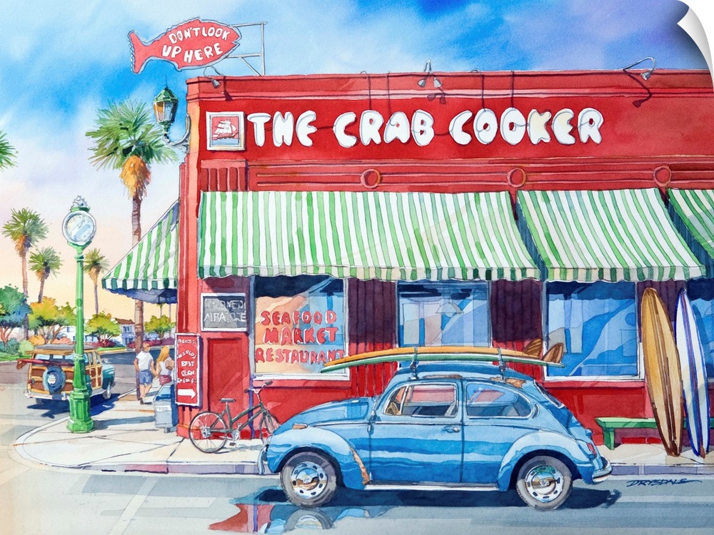 Watercolor painting of the famous landmark, The Crab Cooker, in Newport Beach, CA.