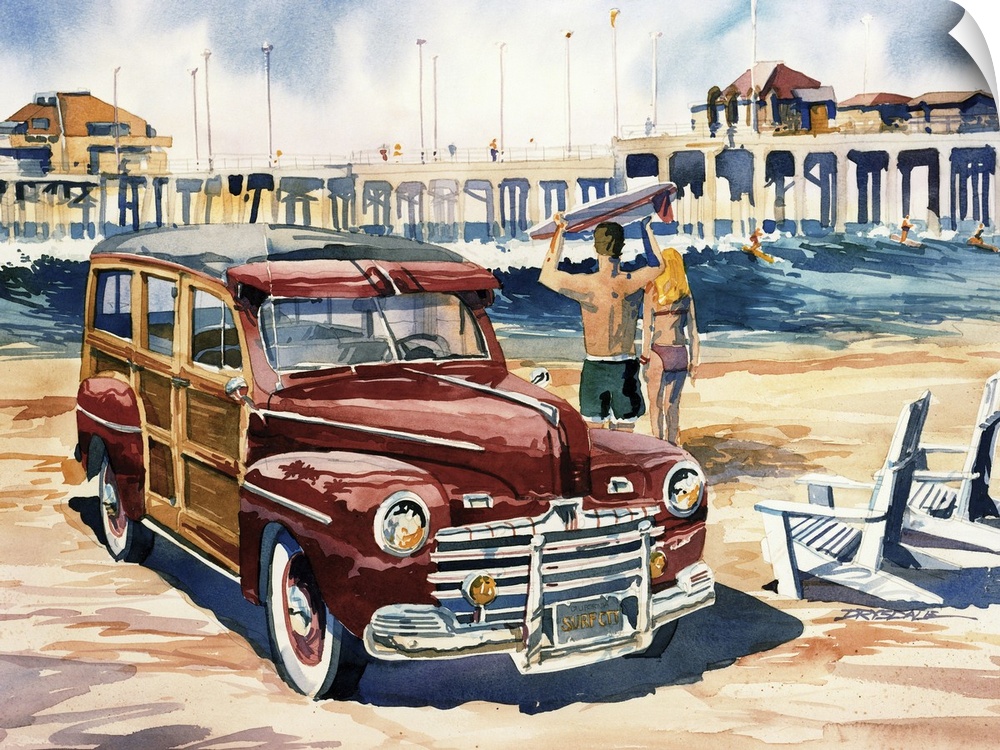 Watercolor painting of a red woodie parked on the beach at Surf City with the pier in the background.