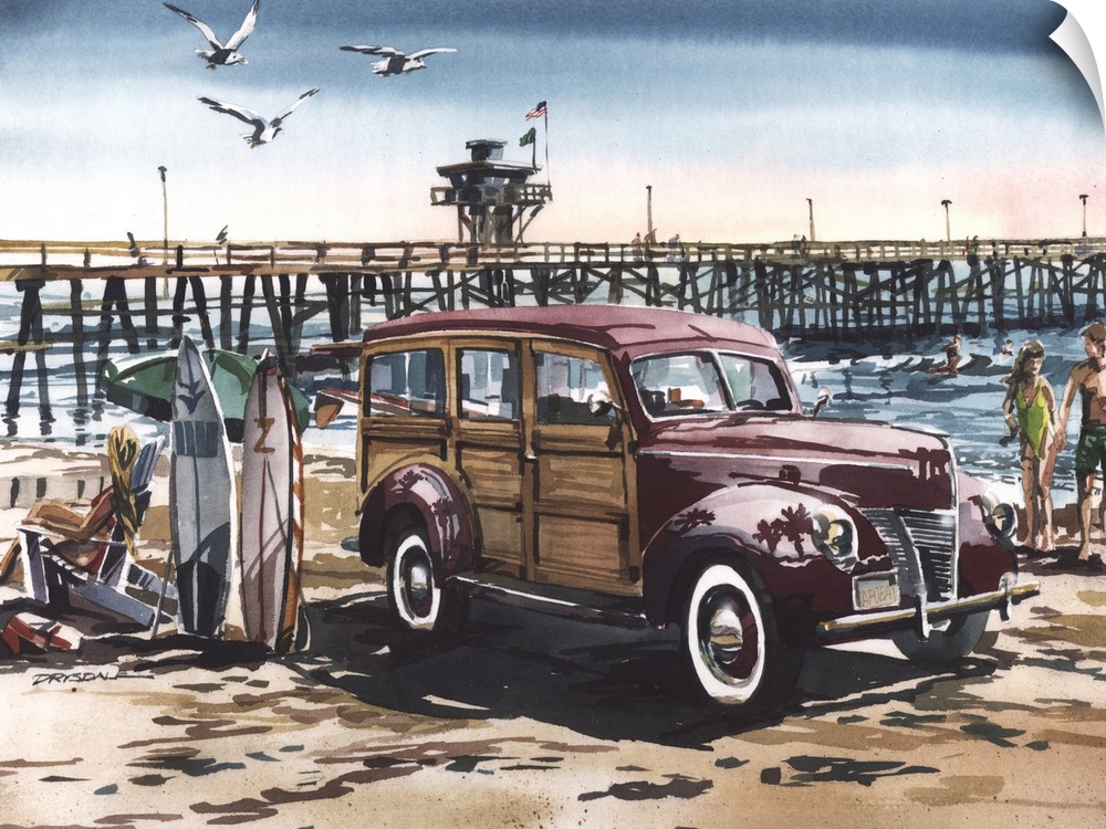Watercolor painting of a 1940 Ford Woodie at the San Clemente pier.