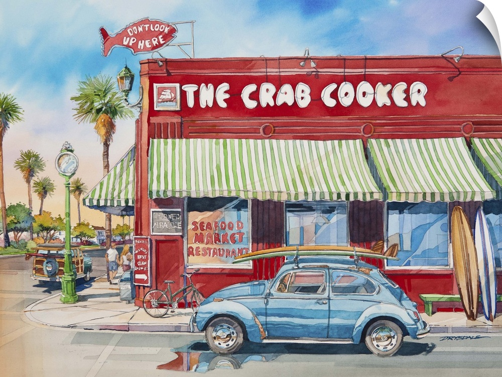 Watercolor painting of The Crab Cooker red seafood market and restaurant with a blue Volkswagen beetle that has surf board...