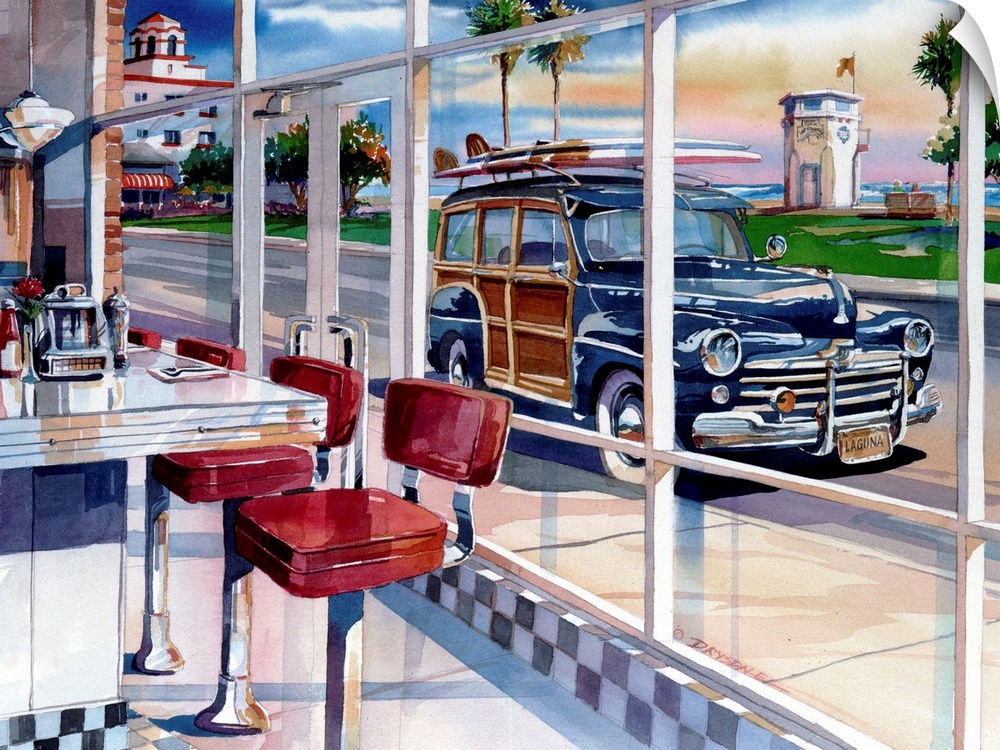 Watercolor painting of a 50's diner in Laguna Beach, CA.