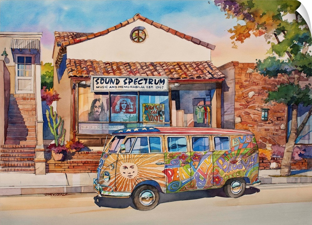 Watercolor painting of a painted VW Bus parked in front of Sound Spectrum music and memorabilia store.