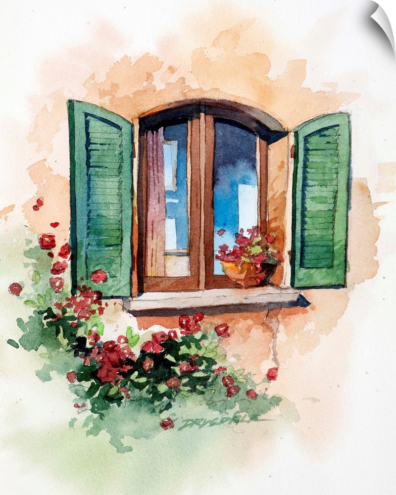 Watercolor painting of a window with green shutters and flowers all around it in Tuscany, Italy.