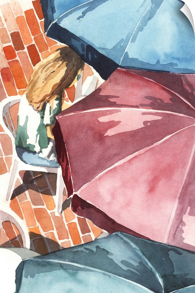 Contemporary painting of a woman sitting in a chair underneath an umbrella, with two other umbrellas next to it.