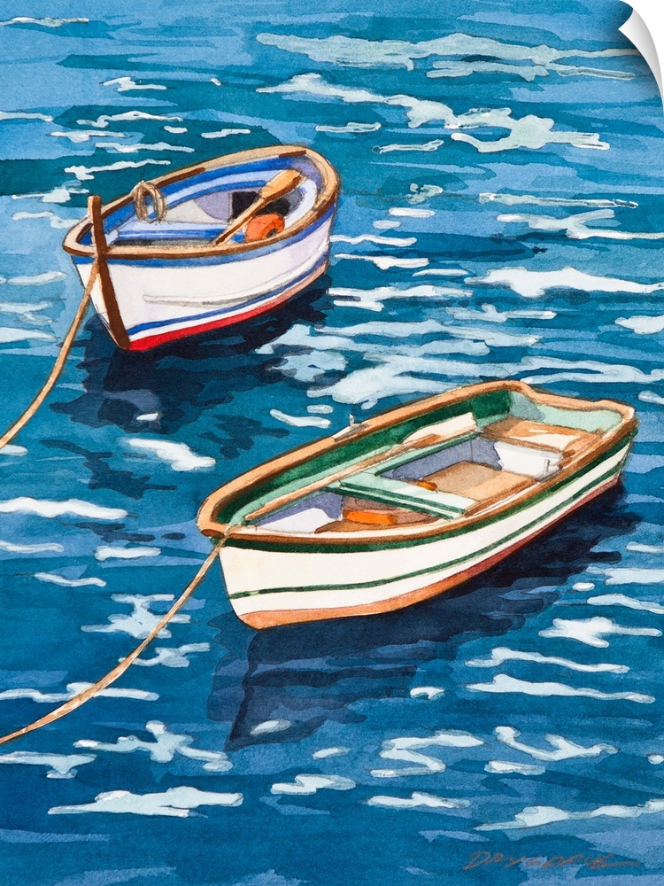 Watercolor of two boats in Vernazza, Italy in Cinqueterra.