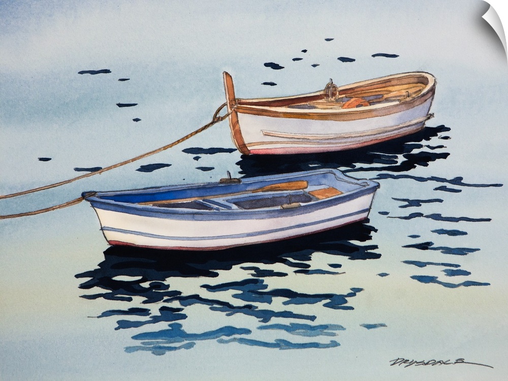 Watercolor painting of charming boats in a canal in Italy.