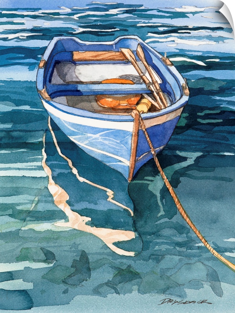 Watercolor painting of a blue and white striped boat on the water in Italy