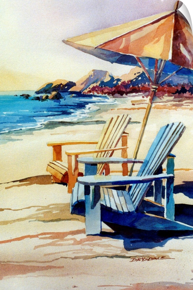 Contemporary watercolor painting of two adirondack chairs and an umbrella on the beach.