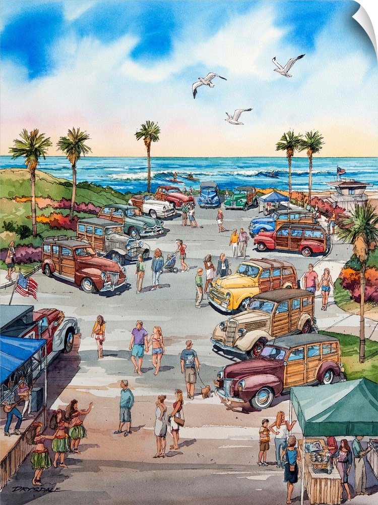Watercolor painting of a scene at Wavecrest, the largest woodie show in the world held on Moonlight Beach in Encinitas, CA.