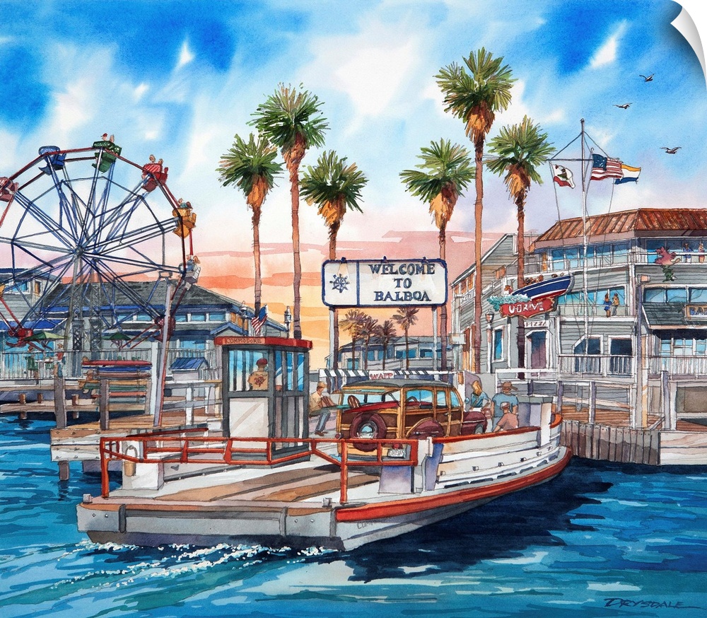 Watercolor of the Balboa ferry in Newport Beach California, getting ready to dock at the fun zone.
