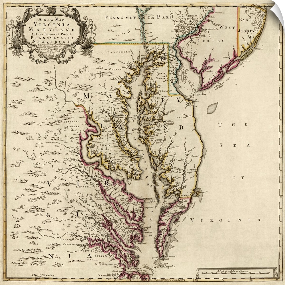 A vintage map highlighting the state of Maryland with other states shown surrounding it.