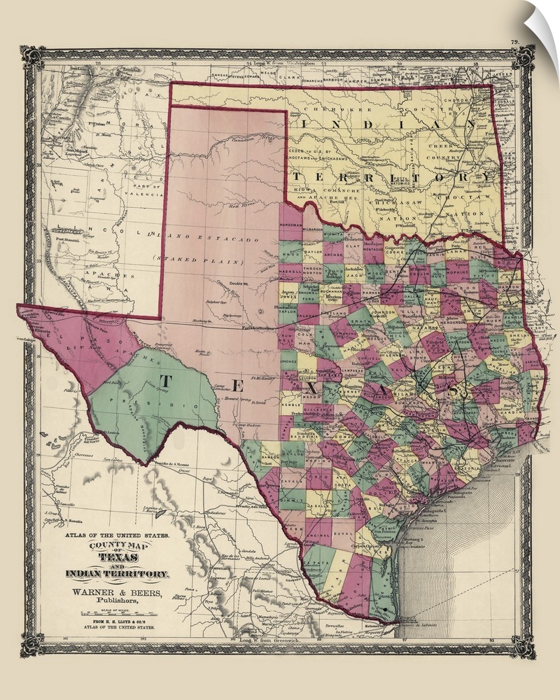 This is a vintage map of the state of Texas and Oklahoma which was still considered Indian territory.