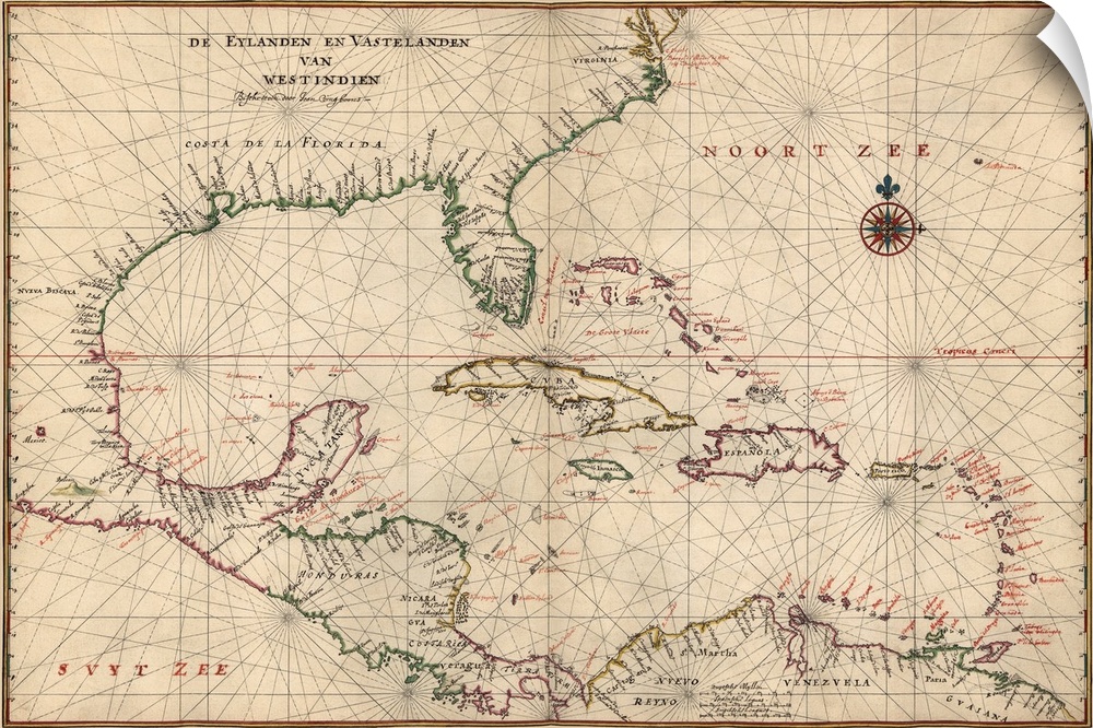Navigational chart that shows the coasts of North America and South America from Virginia through the Yucatan Peninsula in...