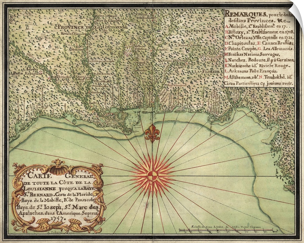 Carte General de Toute la Cte de la Louisianne Jusqu'a la Baye St. Bernard, Coste de la Floride, Baye de la Mobille, Be. d...