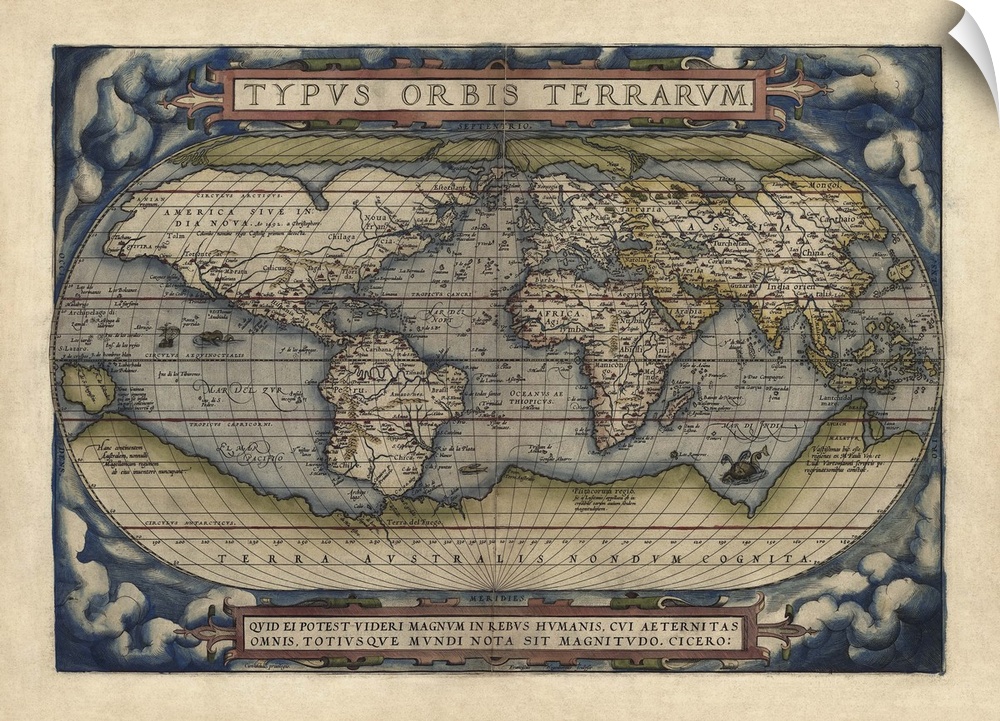 This decorative wall art is an antique map or the world drawn as a globe complete with latitudinal and longitudinal lines.