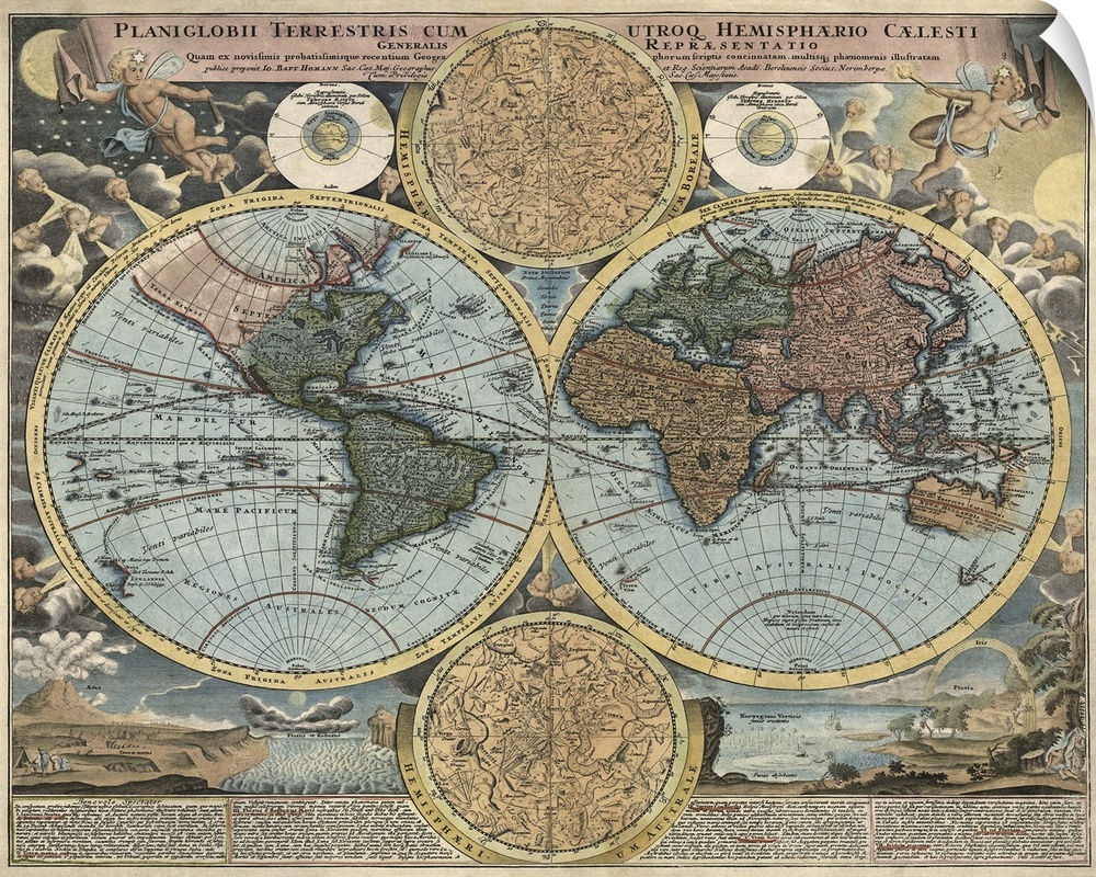 Shows routes of Magellan and other explorers. Includes inset drawings showing the north and south celestial spheres, the p...