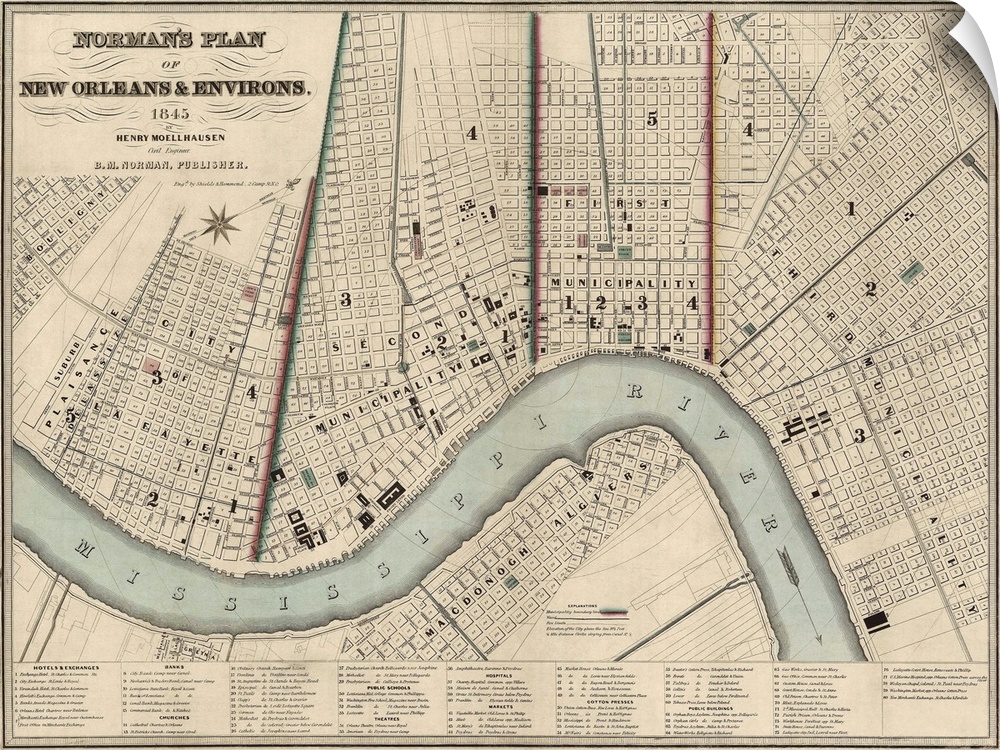 Big, horizontal vintage wall hanging of Norman's Plan of New Orleans and Environs from 1845.  A grid layout of the city al...