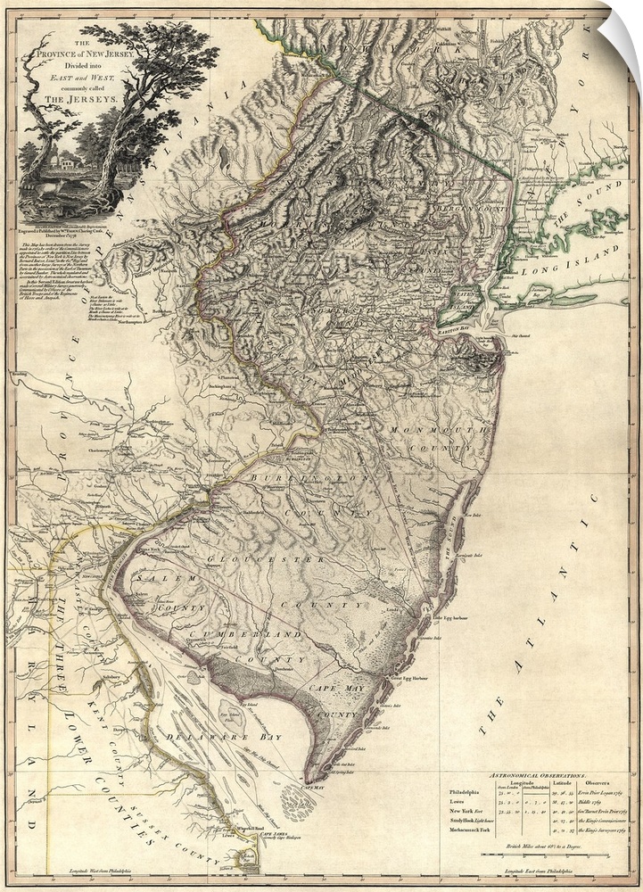 Vertical, large antique, detailed map of New Jersey, divided into East and West.