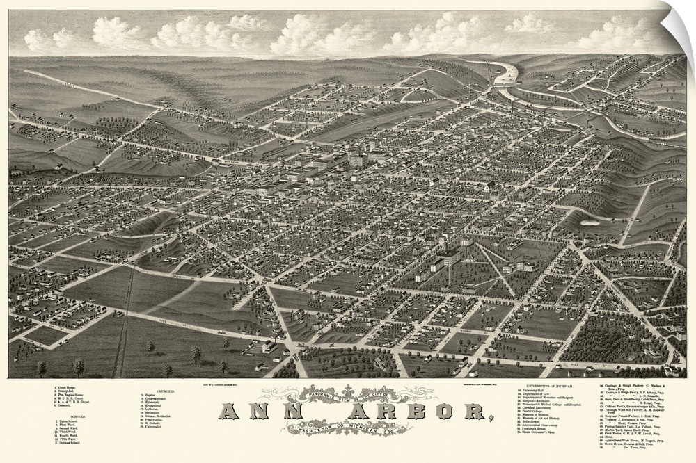 Vintage Birds Eye View Map of Ann Arbor, Michigan