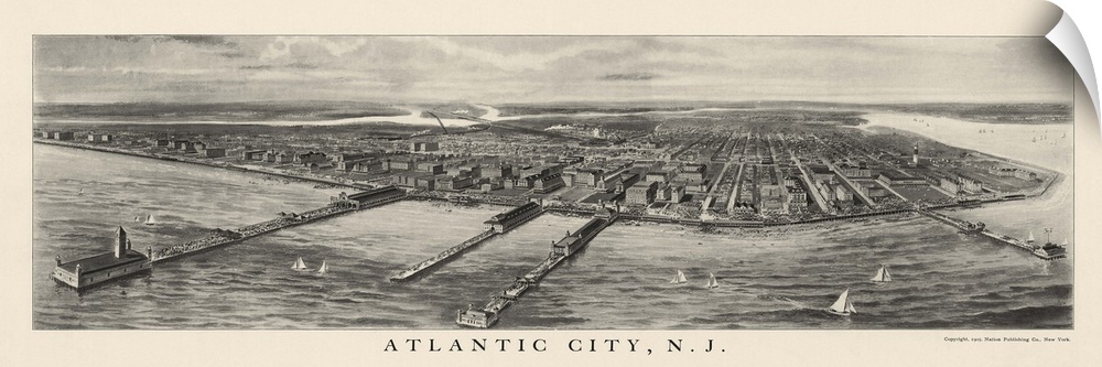 Vintage Birds Eye View Map of Atlantic City, New Jersey