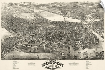 Vintage Birds Eye View Map of Boston, Massachusetts