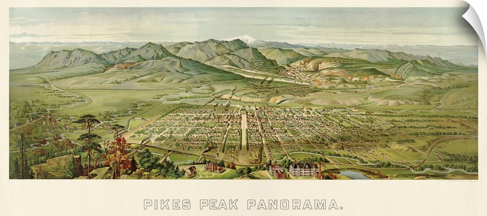 Vintage Birds Eye View Map of Colorado Springs and Pikes Peak, Colorado