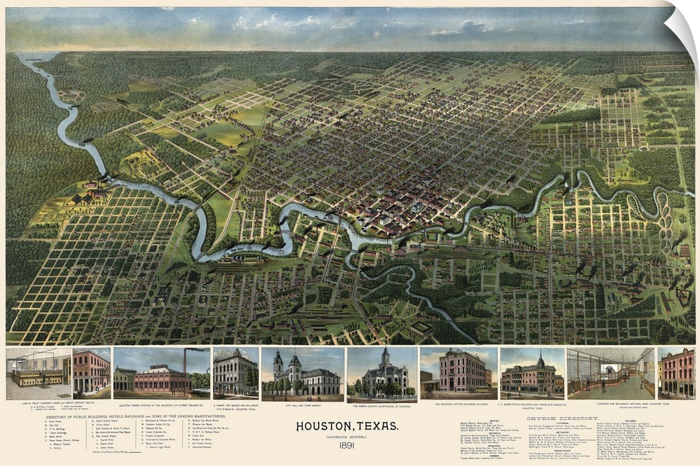 Large, landscape, aerial vintage map of Houston Texas from 1891, small images below the map depict well known buildings in...