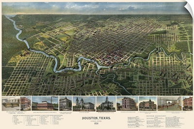 Vintage Birds Eye View Map of Houston, Texas