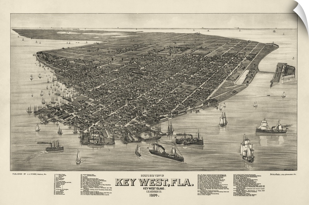 Antique map featuring an aerial view of the town of Key West, Florida from 1884.