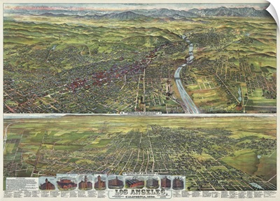 Vintage Birds Eye View Map of Los Angeles, California
