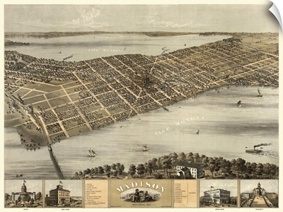 Vintage Birds Eye View Map of Madison, Wisconsin
