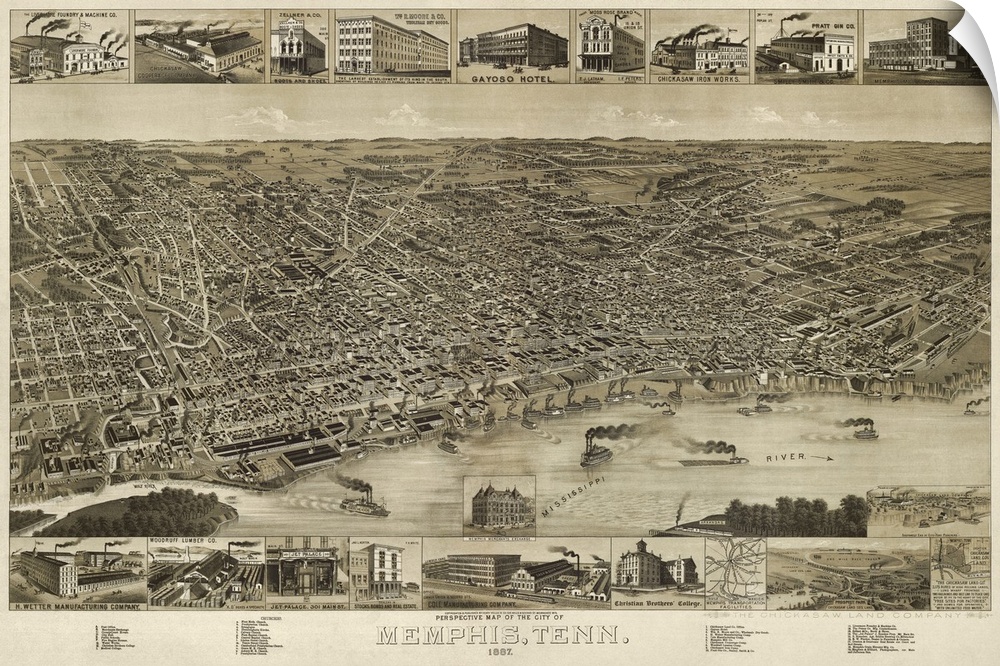 Vintage Birds Eye View Map of Memphis, Tennessee