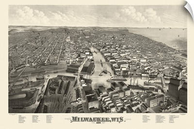 Vintage Birds Eye View Map of Milwaukee, Wisconsin