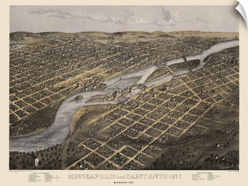 Vintage Birds Eye View Map of Minneapolis and Saint Anthony, Minnesota